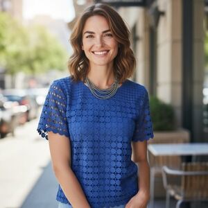 Stylish prep Talbots Circle‎ Blue Lace Top - Elegant Short Sleeve Blouse sz M